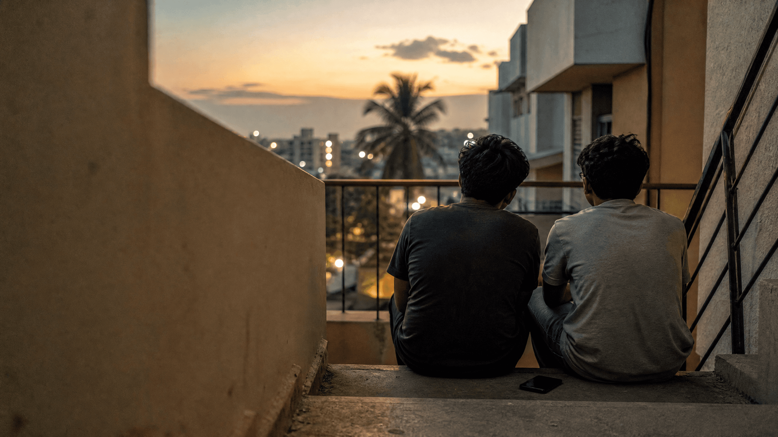Two teenagers sitting side by side on a staircase landing at dusk, city lights below them