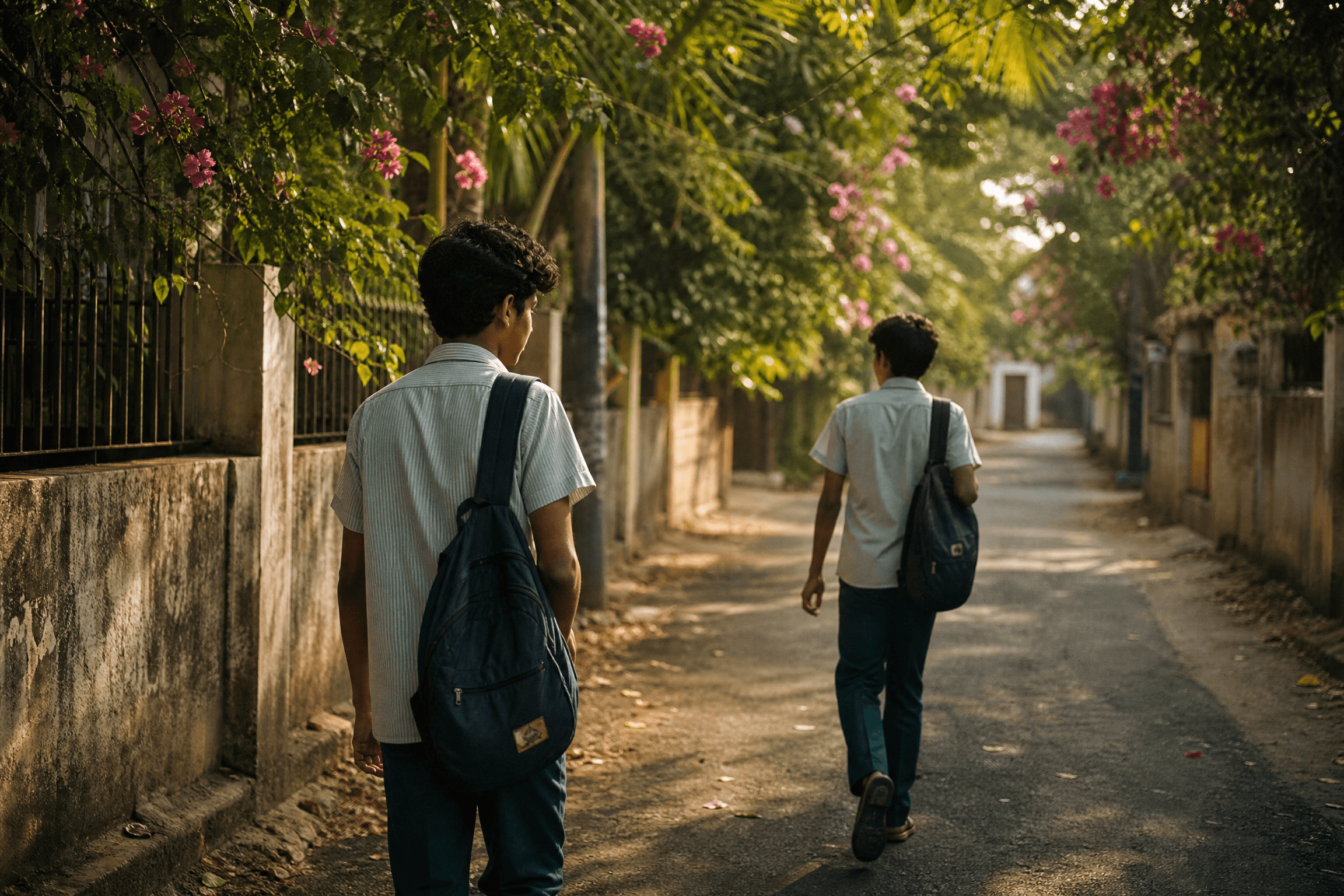 Two teenagers walking down a shaded lane with bougainvillea, one slightly behind the other, both looking ahead
