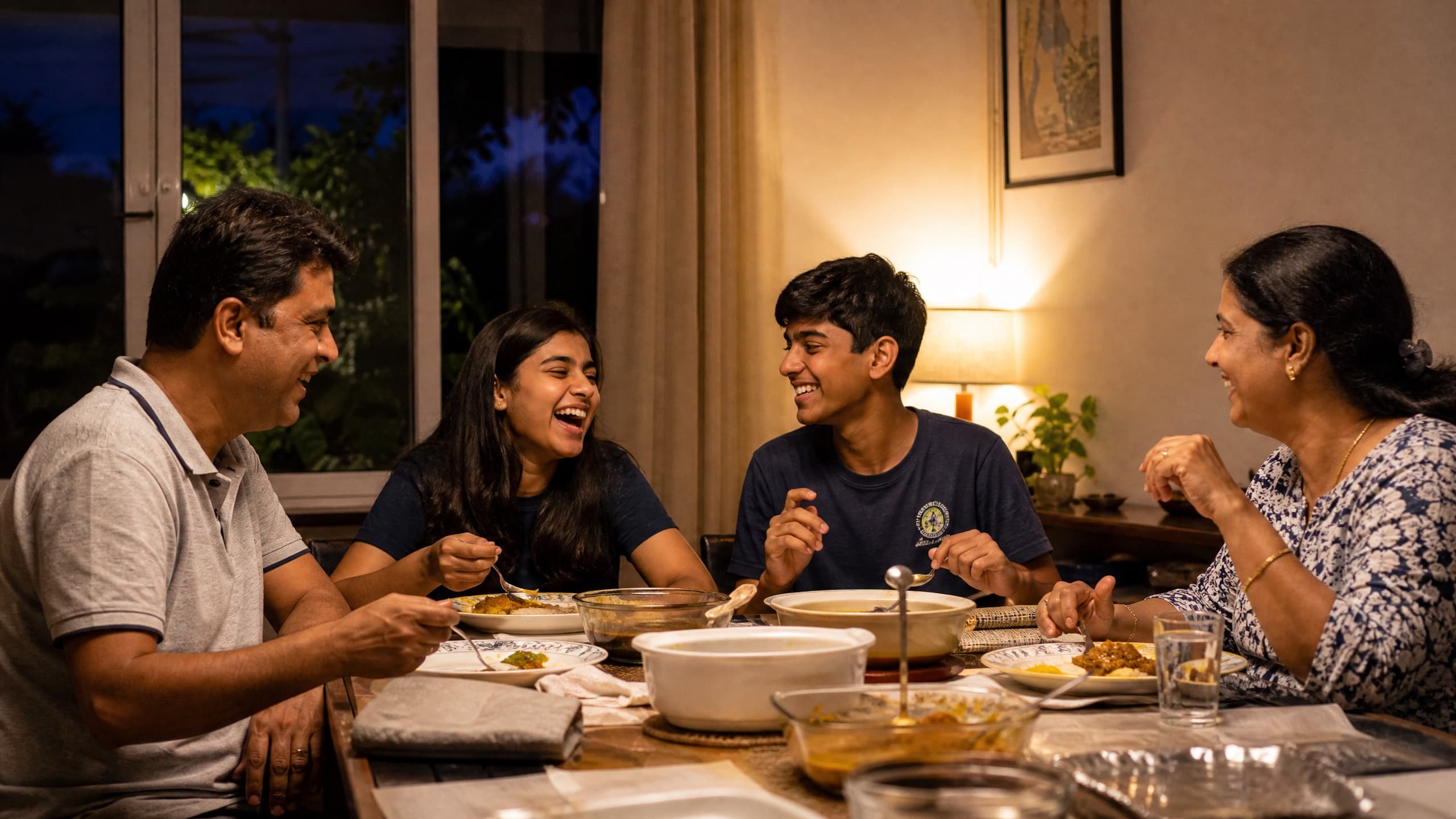 An Indian family laughing together over dinner at home