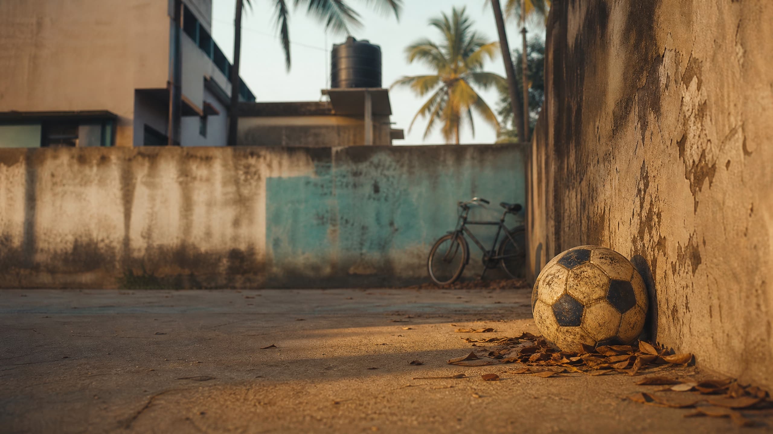 A football left against a wall in a courtyard in late afternoon light