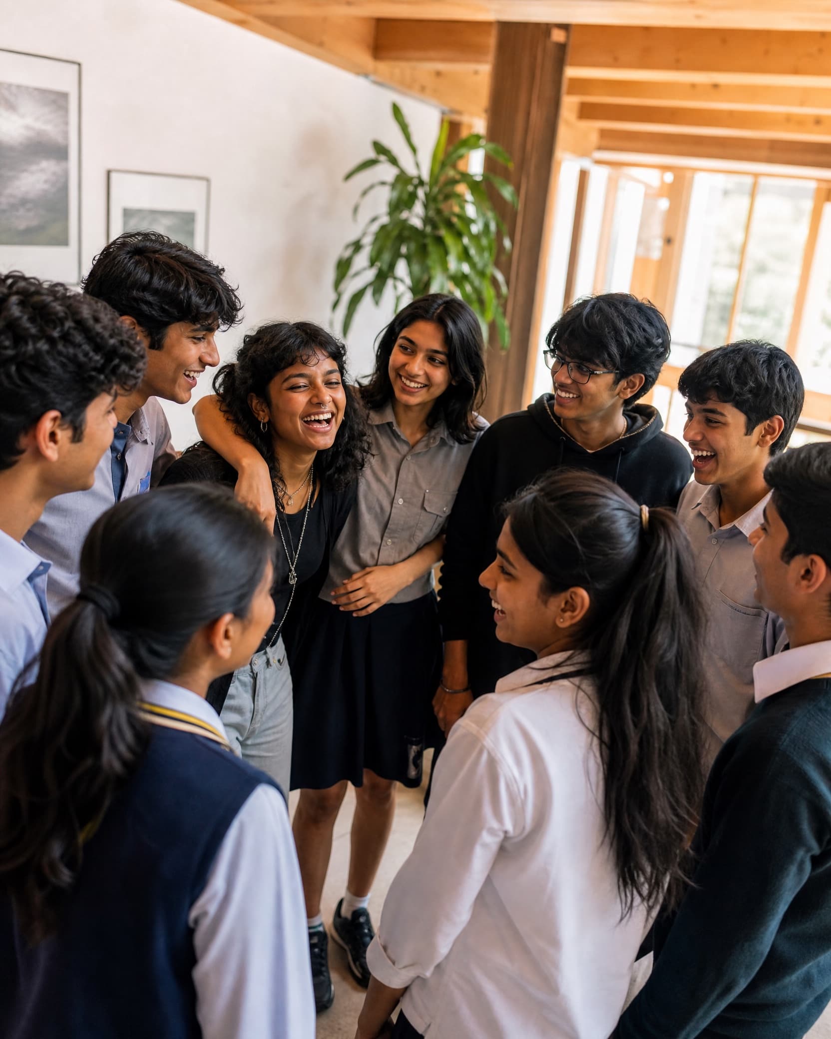 A group of Indian teenagers laughing together in a huddle