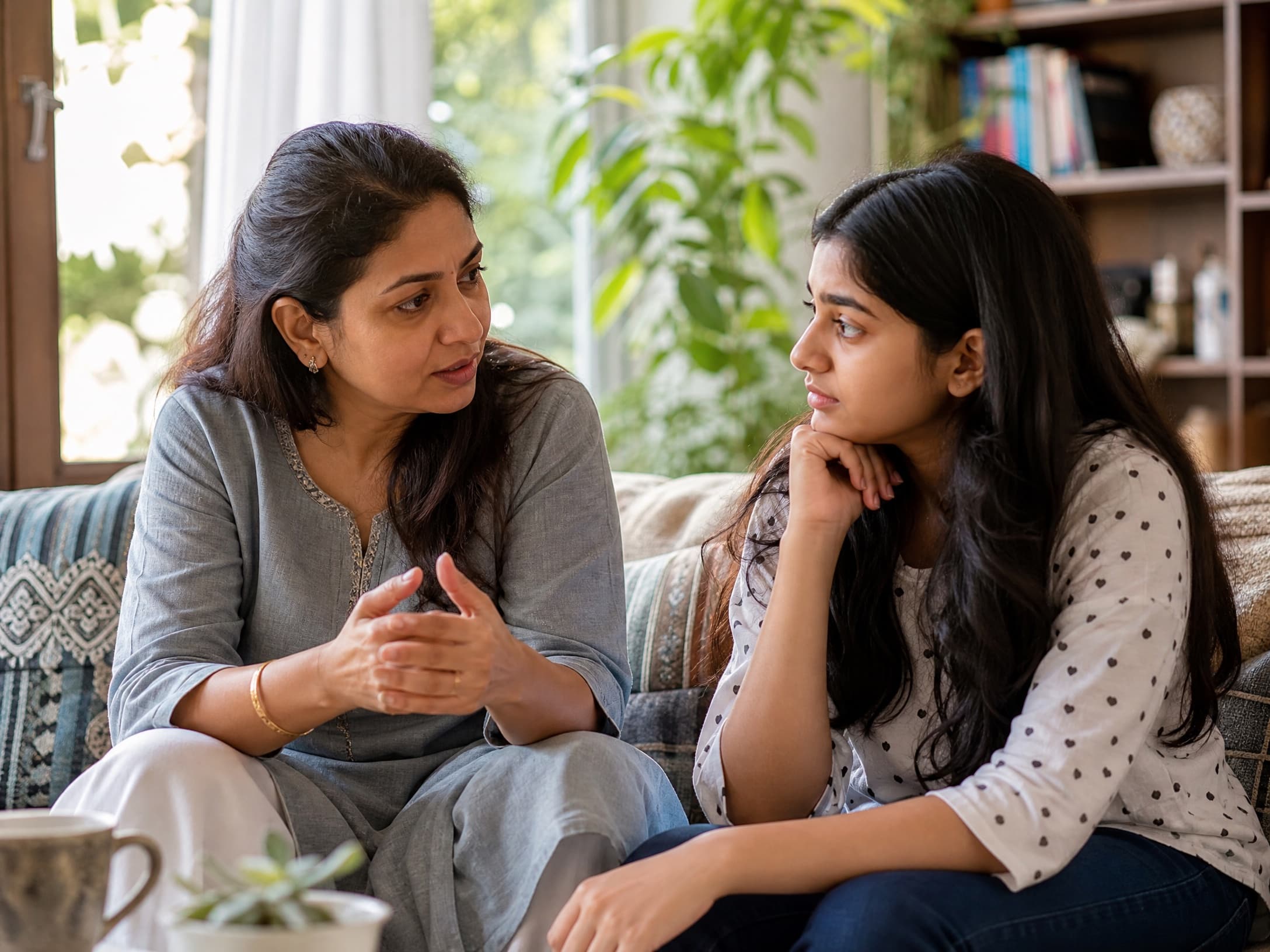 An Indian mother and teenage daughter talking warmly on a couch
