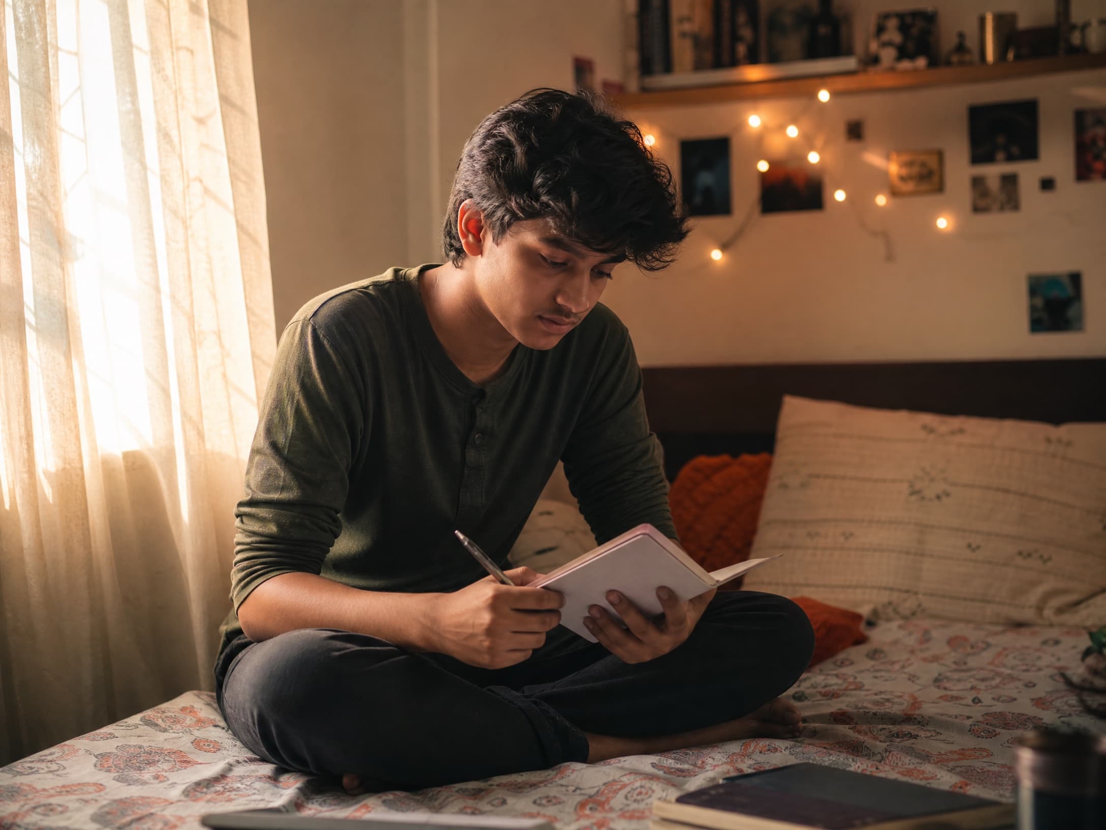An Indian teenager journaling thoughtfully on their bed