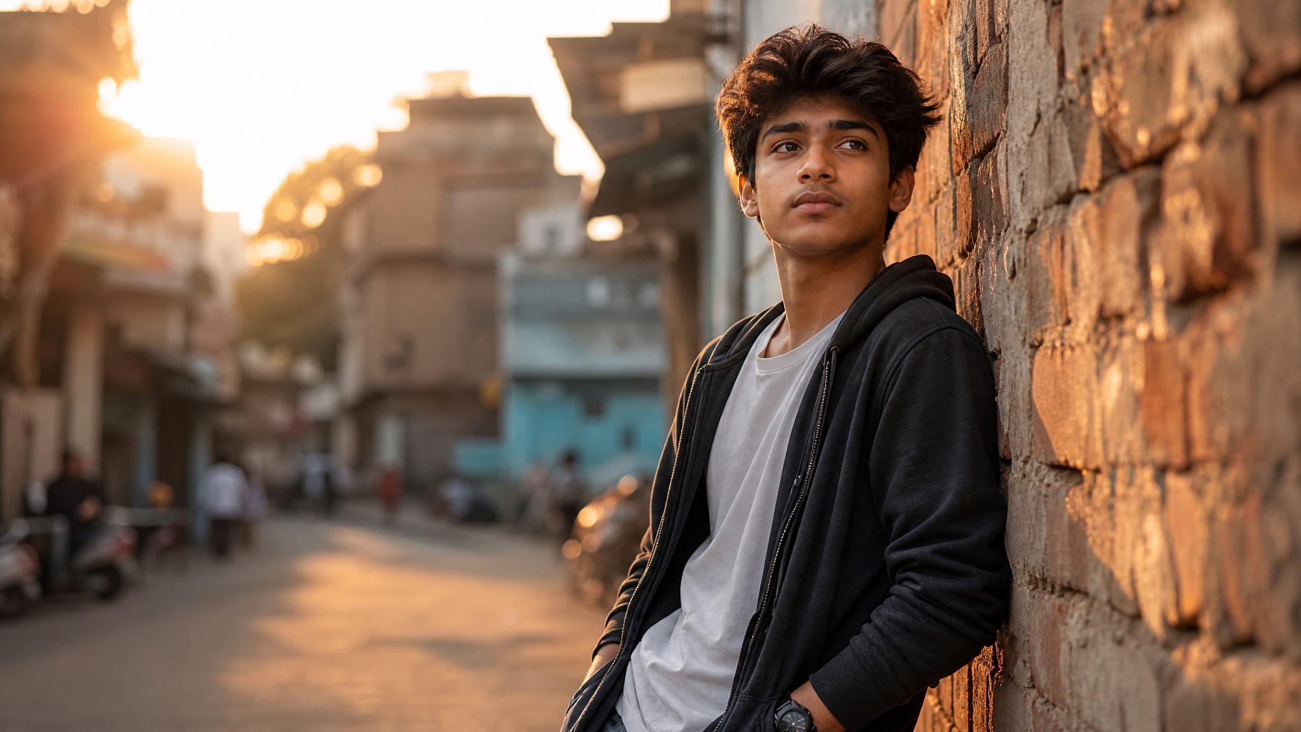 An Indian teenager looking confident and relaxed on a city street