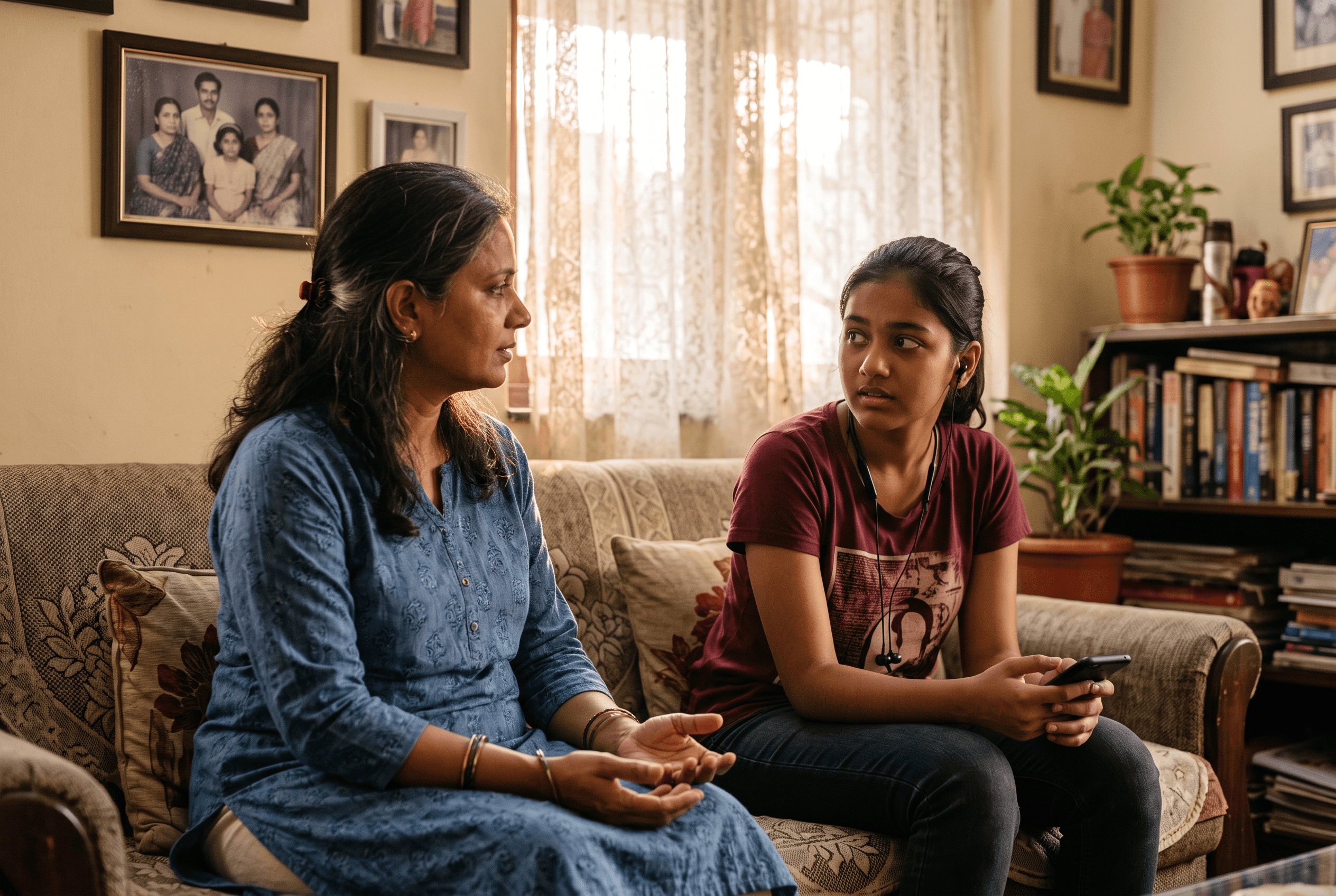 An Indian mother listening to her teenage daughter at home — the moment before reconnection